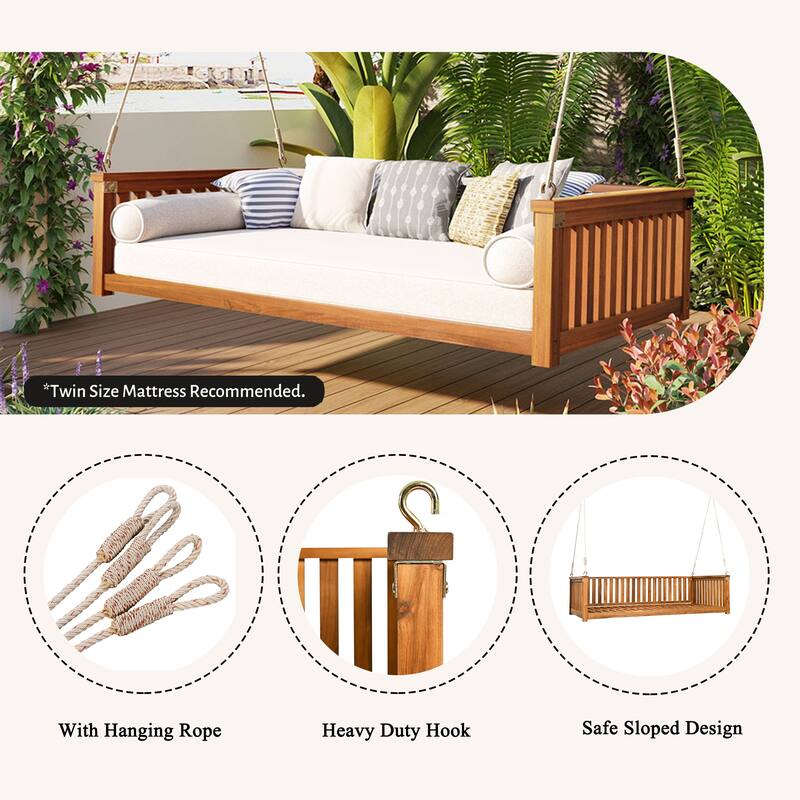 Acacia Wood Twin Size Patio Swing Bed, Outdoor Porch Hanging Bed with Safe Sloped Design and Hemp Ropes for Garden or Backyard