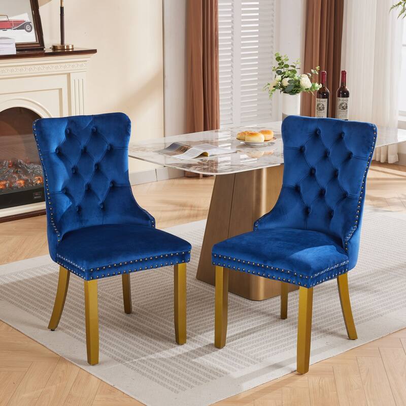 Velvet Dining Chairs Set of 2, Tufted Dining Chairs with Nailhead Trim, Kitchen Chairs with Lion Head Pulls Ring & Wooden Legs