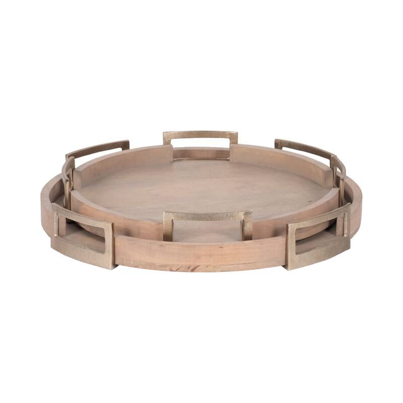 Sagebrook Home's Maxwell Round Wood Trays - Natural Mango Wood & Aluminum, Set of 2 - 26" x 26" x 4"