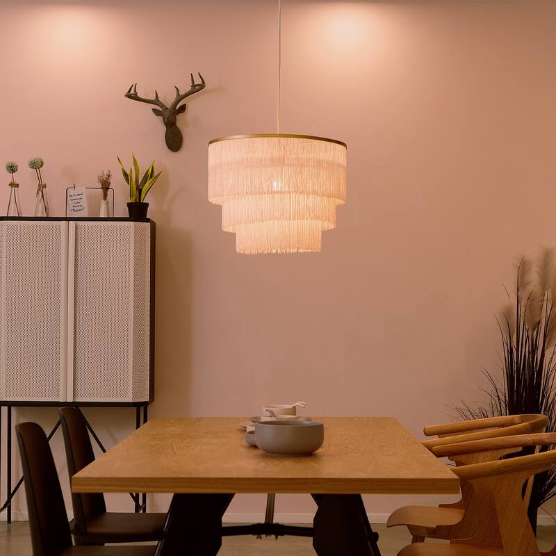 Novogratz x Globe Janis 1-Light Matte Gold Pendant Light with White Fabric Fringe Shade