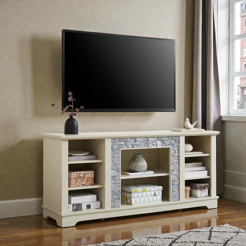 58 Inch Mantel Stone TV Stand for TVs up to 65 Inch, Media Console with Faux Stacked Stone Surround and Open Storage