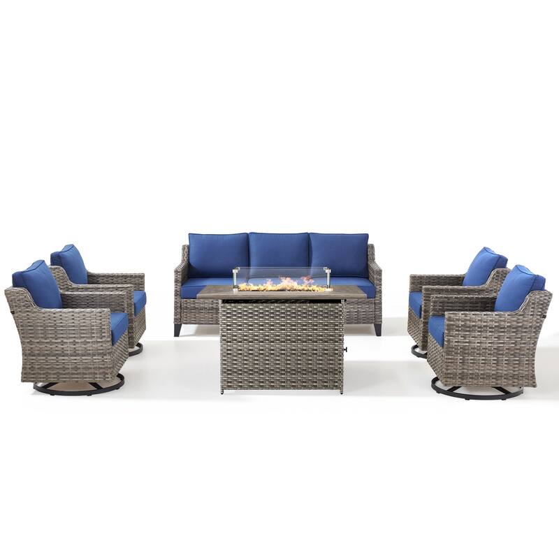 Pocassy 6 Pieces Fire Pit Table w/ Sofa Swivel Chair