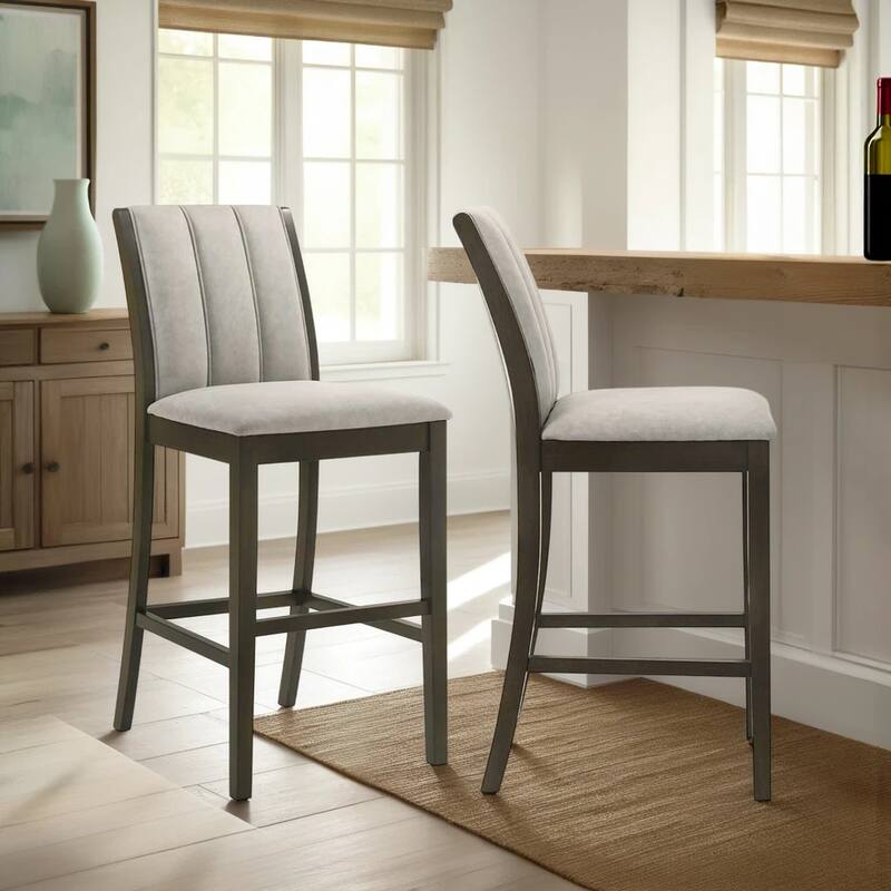 Nolan 26 in. Dark Roast Counter Height Rubberwood Barstool with Grey Fabric Seat - Set of 2 - Gray/Dark Roast - Bar Height - Set of 2