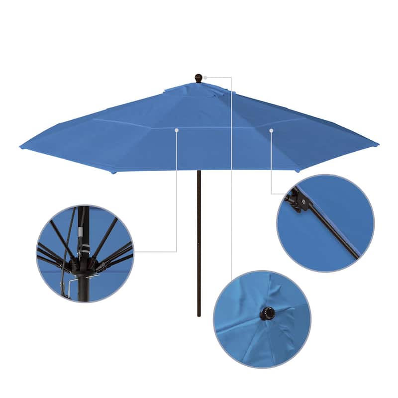 California Umbrella 11' Venture Series Patio Umbrella, Bronze Aluminum Pole Fiberglass Ribs Pulley Lift, Olefin Royal Blue