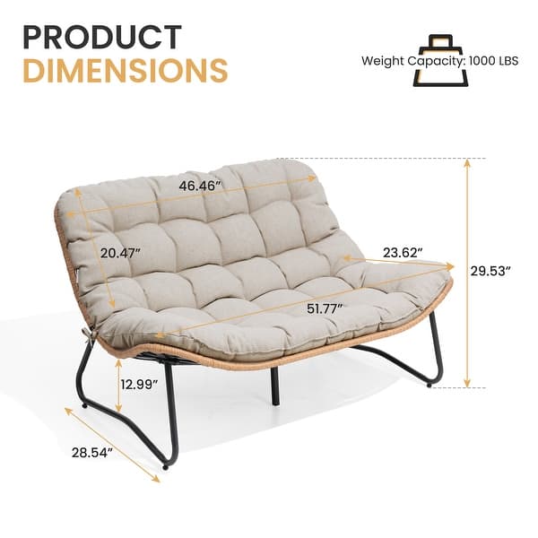dimension image slide 8 of 10, Double Papasan Chair Loveseat with Cushion, All-weather PE Rattan 2-Person Wicker Patio Chair for Indoor Outdoor
