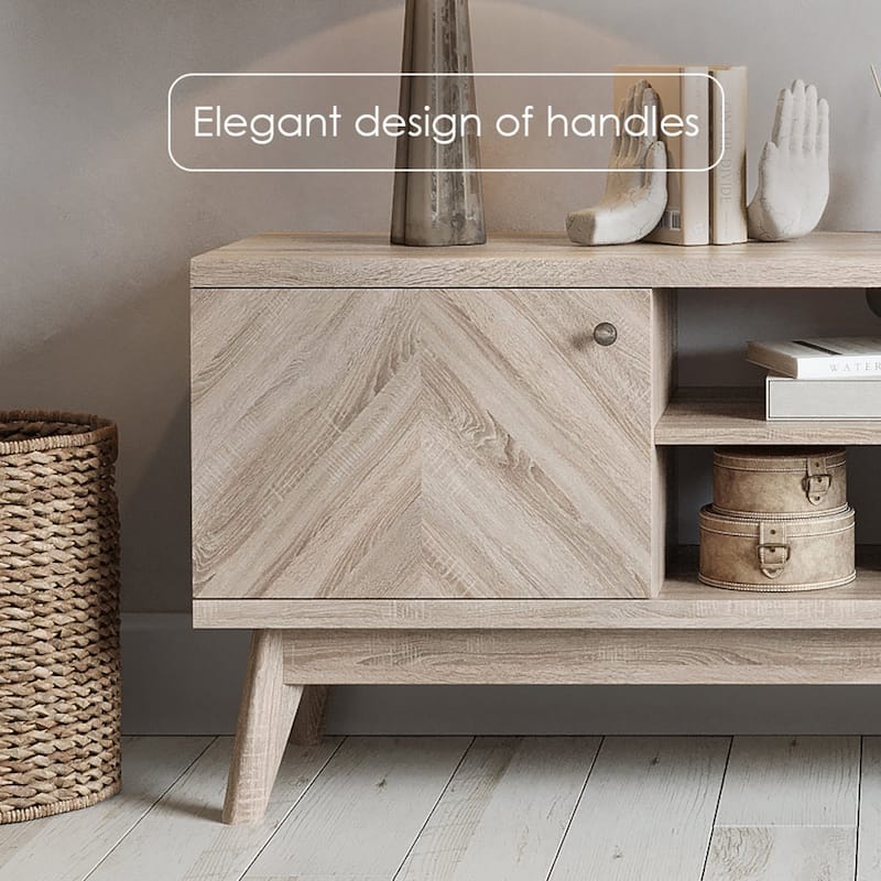 Living Skog Scandi Mid-Century Modern Herringbone TV Stand for TV Up to 65 Inches with Wooden Legs