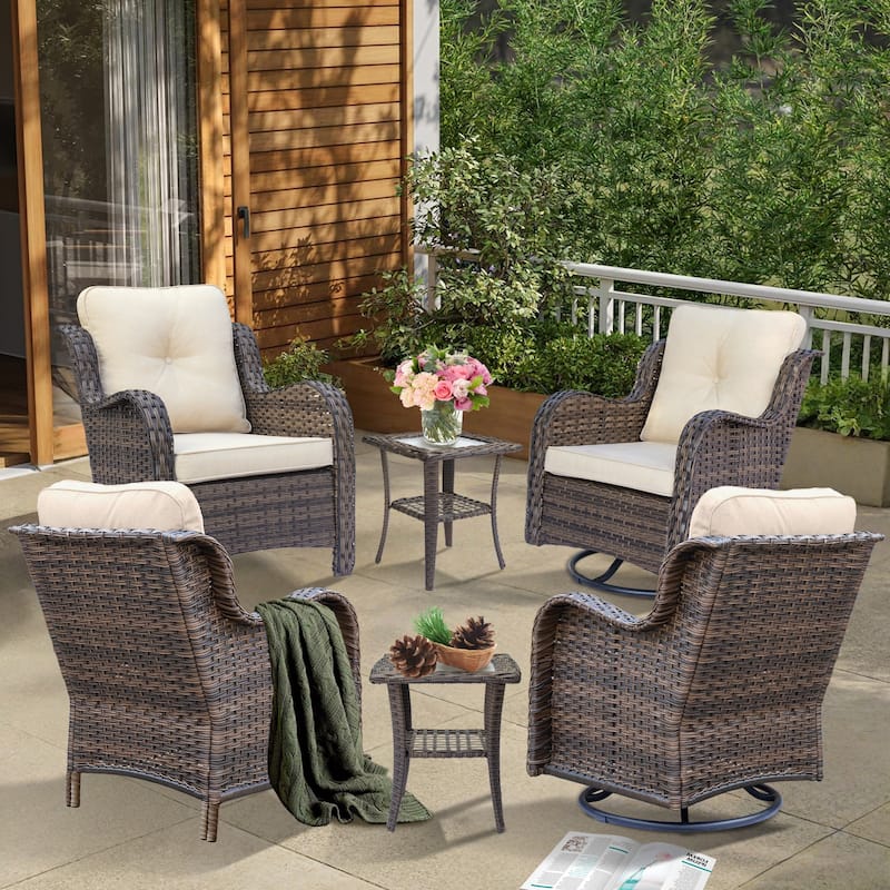 6-piece Outdoor Patio Wicker Swivel Rocker Chairs Set with Side Table - Beige