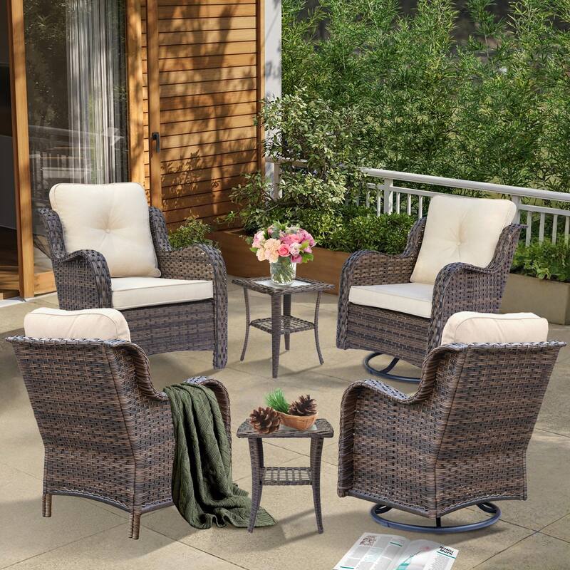 Patio Conversation Sets-Wicker Patio Furniture Sets with Swivel Chairs - 6 Piece - Cream