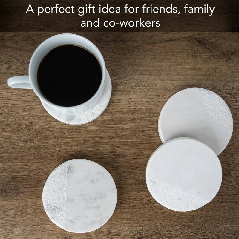 4 Pack Round Natural White Marble Textured Coasters 4" Diameter Elegant Heat Tolerant Easily Wipes Clean