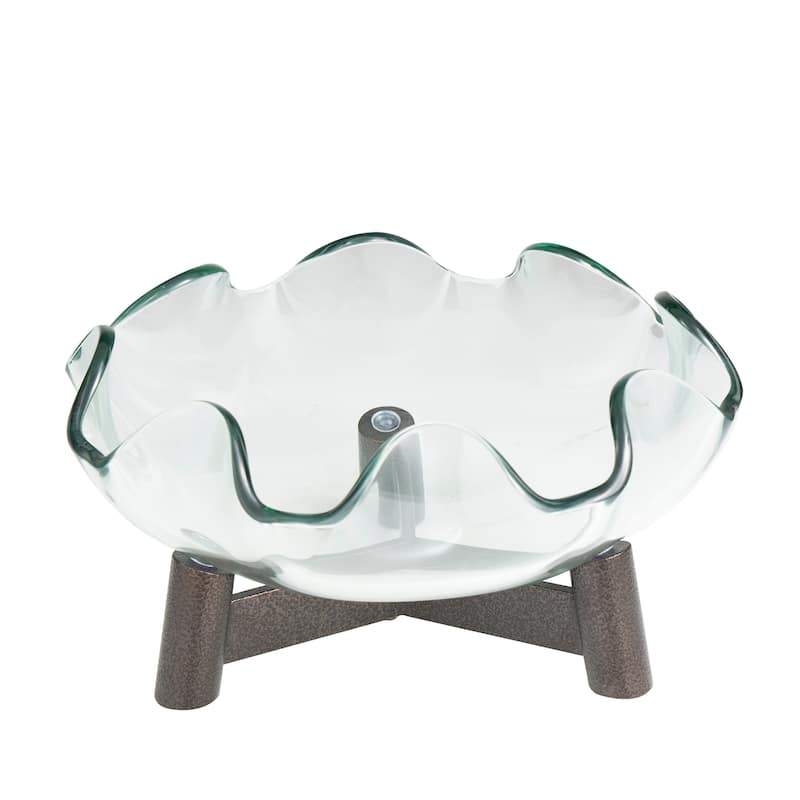 Clear Glass Floral Inspired Serving Bowl with Bronze Hammered Y-Shaped Stand