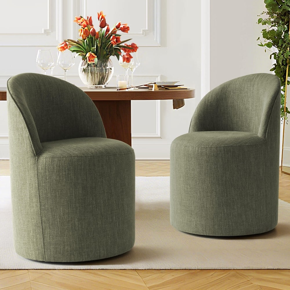 Linen Rolling Upholstered Dining Chair with Wheels (Set of 2)