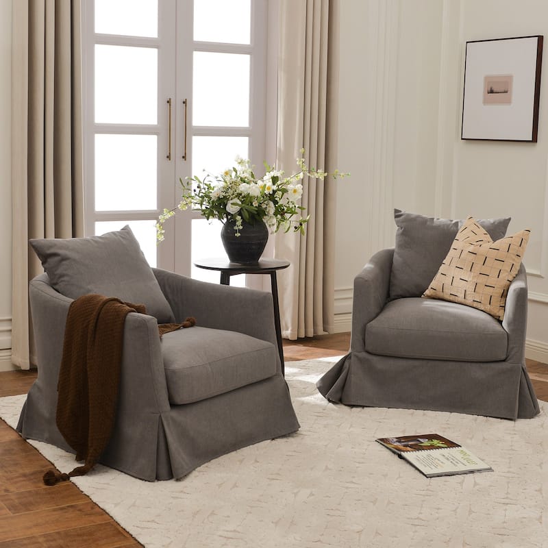 KINWELL 32" W Down Fill Upholstered Slipcovered Swivel Barrel Accent Armchair