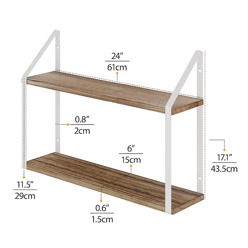 Wallniture Modena 2 Tier Shelves with White Brackets, Bathroom Wall Decor, 24x6", Burnt