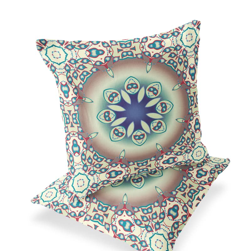 HomeRoots Set of Two 16" X 16" Beige and Blue Blown Seam Floral Indoor Outdoor Throw Pillow - 16.00' X '16.00' X '5.00