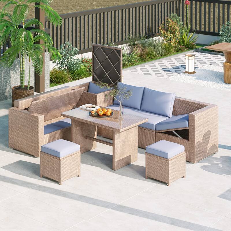 6PCS PE Rattan Sofa Set With Storage Box - Natural