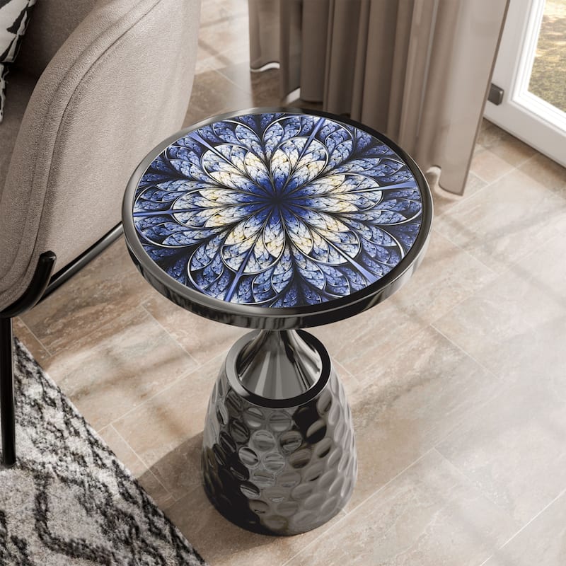 DH LUX Modern 16-inch Metal Round End Table with Pedestal Base by Denhour - Black with Mandala
