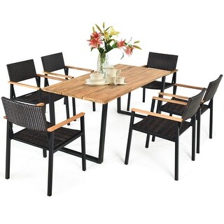 Costway 7PCS Patio Rattan Patented Dining Chair Table Set Solid Wood - See Details