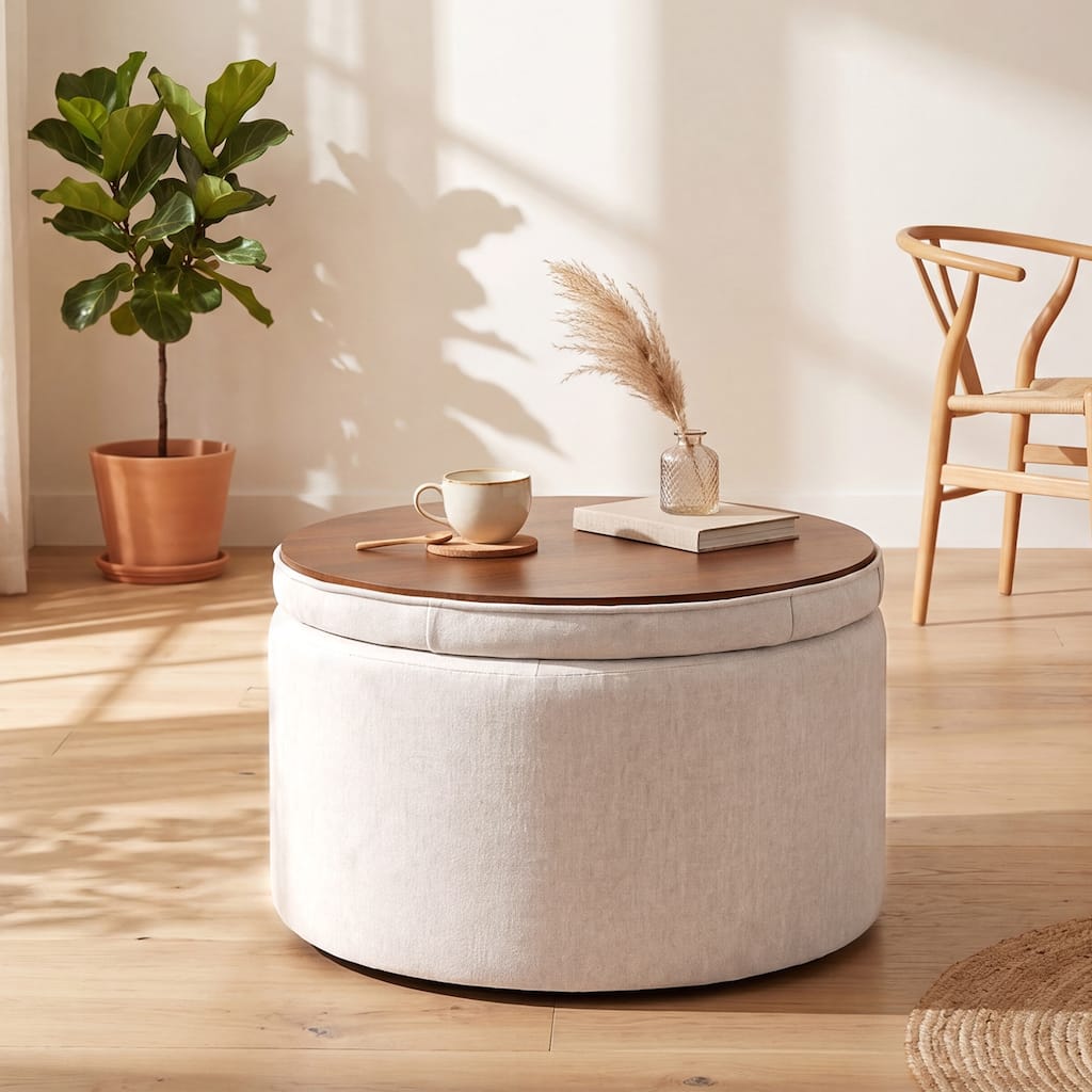 Adeco 24" W Round Tufted Storage Ottoman with Reversible Tray Lid