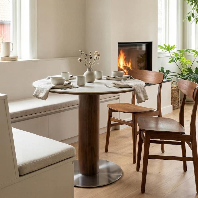 31.5 Inch Round Dining Table for 2-4, Solid Wood Circle Kitchen Table with Stainless Steel Pedestal, Sintered Stone Top