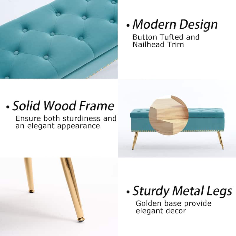Velvet Storage Ottoman Bench with gold legs and Nailhead Trim for Bedroom/End of Bed/Entryway/Window