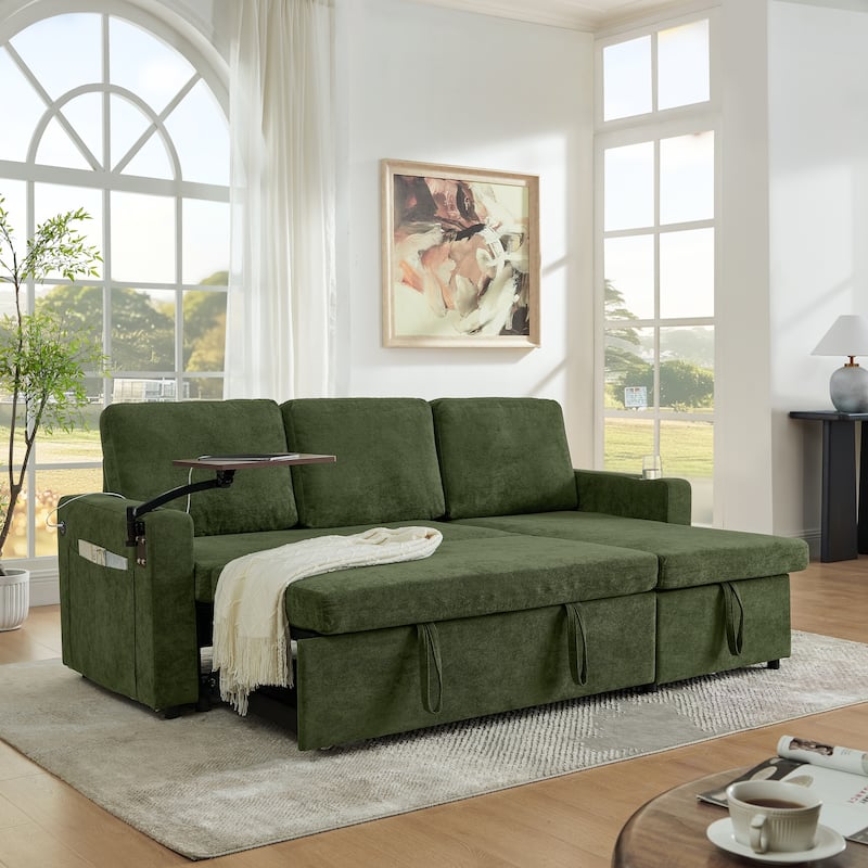 Pull Out Sleeper Sofa Bed Chenille L-shaped Sectional Couch with Storage Chaise, Retractable Table, LED, USB and Cup Holders