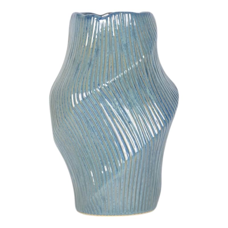 Ceramic Decorative Vase with Ribbed Texture Sculptural Hollow Design - Blue - 11" x 11" x 17"