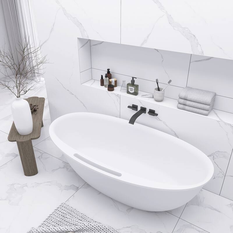 63/67 Inch Stone Resin Solid Surface Freestanding Soaking Bathtub with Center Drain in Matte White