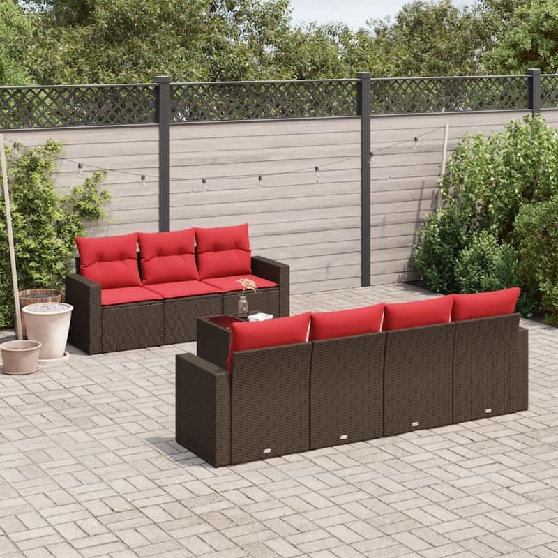 vidaXL Patio Sofa Set with Cushions Outdoor Furniture 8 Piece Poly Rattan - 25.8" x 24.4" x 27.2" - Brown and red