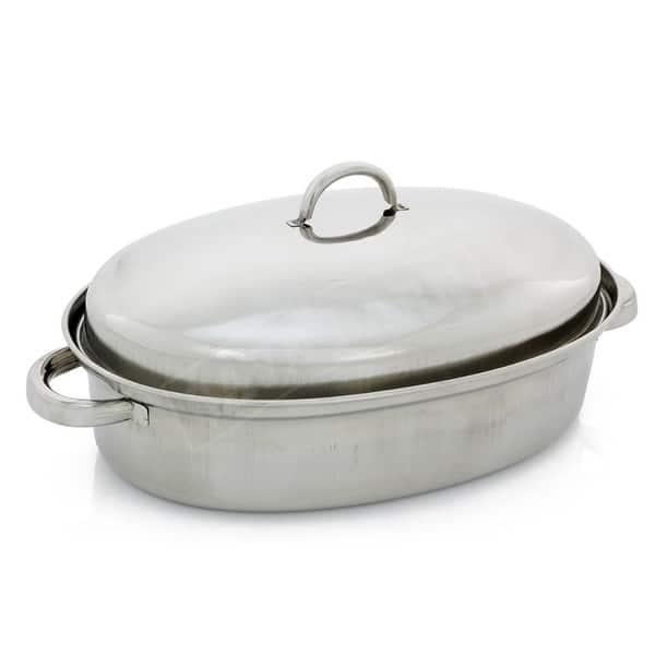 42cm Stainless Steel Oval Roaster Roasting Pan Dish With Domed Lid Rack