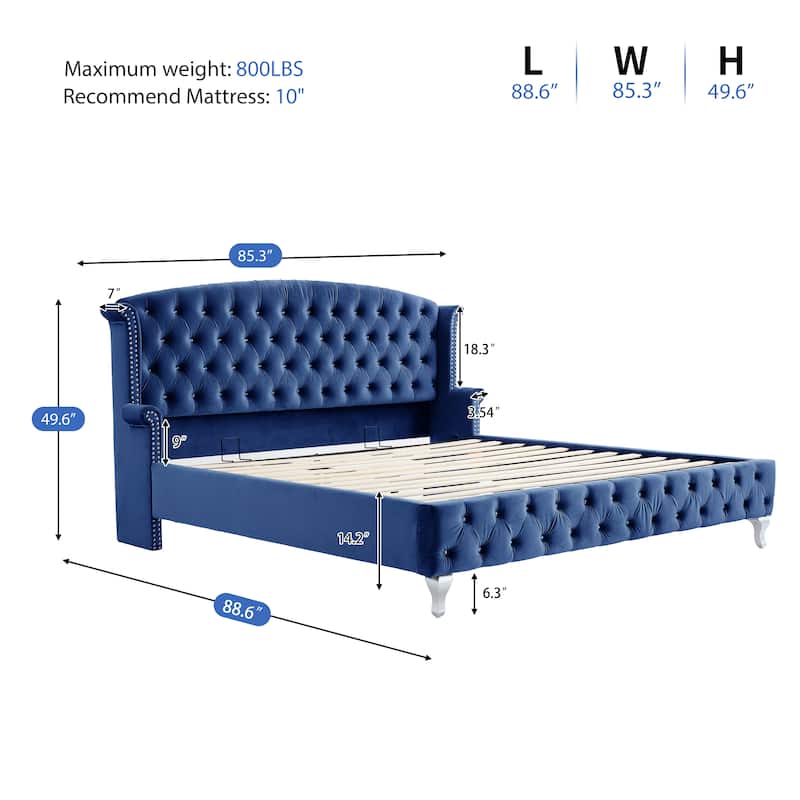 Christopher Knight Home - Larkswood Velvet Upholstered King Size Bed Frame with Wingback Headboard