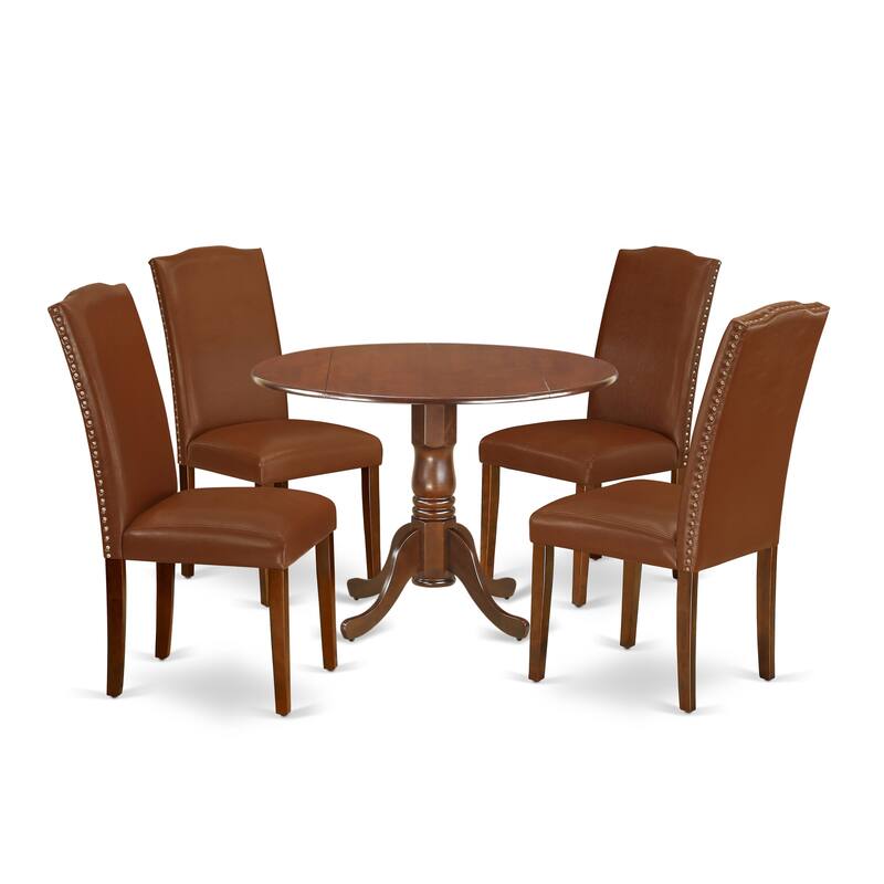 East West Furniture Kitchen Table Set- a Round Table and Brown Faux Faux Leather Dining Chairs, Mahogany (Pieces Options)