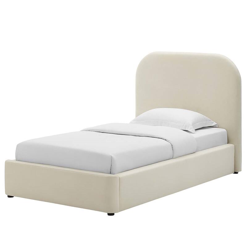 Hillsway Modern Curved Headboard Off-white Velvet Upholstered Twin Size Platform Bed