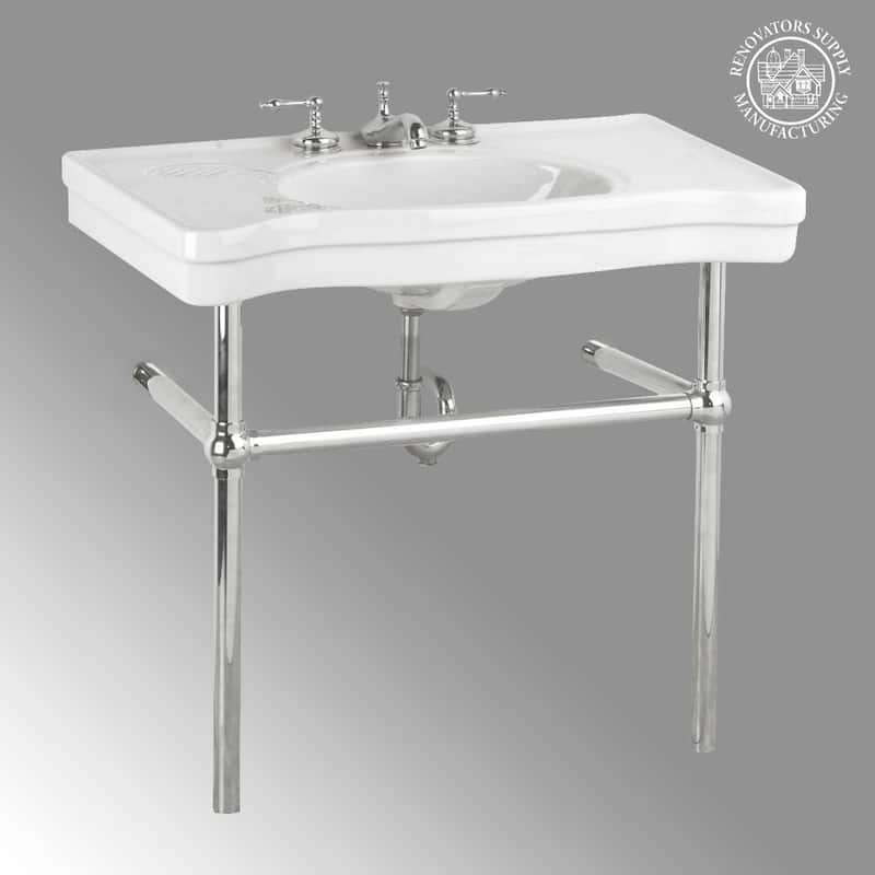 White Console Bathroom Pedestal Sinks Belle Epoque 35.5" with Widespread Faucet Holes and Chrome Bistro Legs Renovators Supply