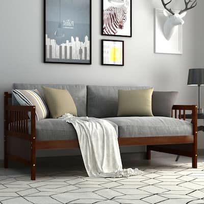 Gymax Twin Size Wooden Slats Daybed Frame Support Platform W/Rails