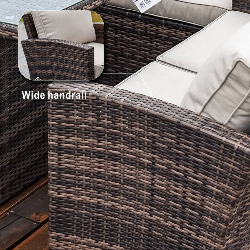 7-piece Patio Wicker Coversation Cushioned Set with Holve Fire Pit