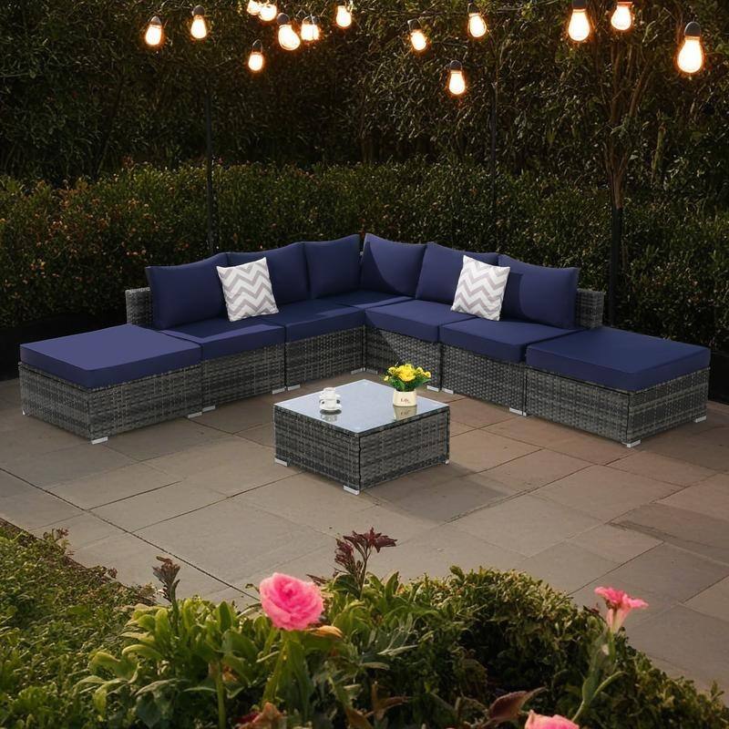 8-Pieces Outdoor Patio Sectional Sofa Set with Washable Cushions & Glass Coffee Table - Dark Blue