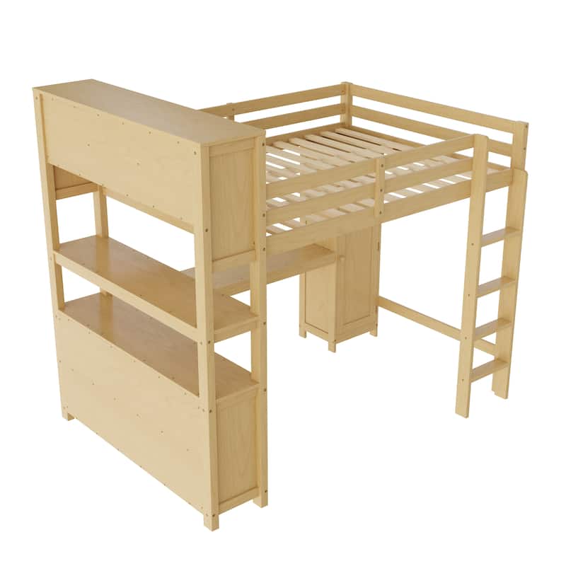 All-in-One Queen Size Loft Bed with L Shape Desk, Bookcase Headboard, Storage Cabinet and Built-in Wardrobe with Hanging Pole