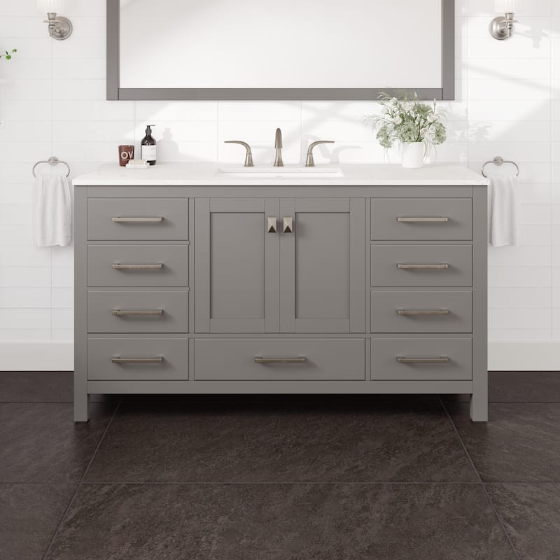 Eviva Aberdeen 60"W x 22"D Bathroom Vanity with White Carrara Quartz Countertop and Undermount Porcelain Sink - Matte - Grey