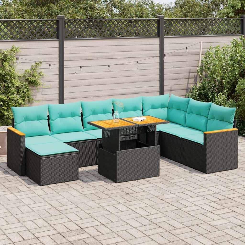 vidaXL 9 Piece Patio Sofa Set with Cushions Black Poly Rattan - 21.7 x 24.4 x 27.2