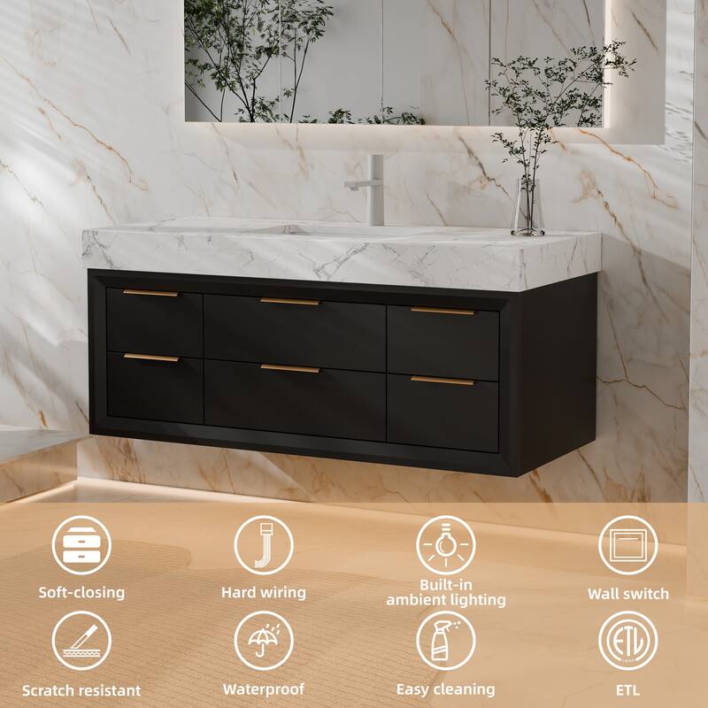 Modland 48" Modern Floating Bathroom Vanity with Single Sink, Soft-Close Drawers, White Stone Countertop
