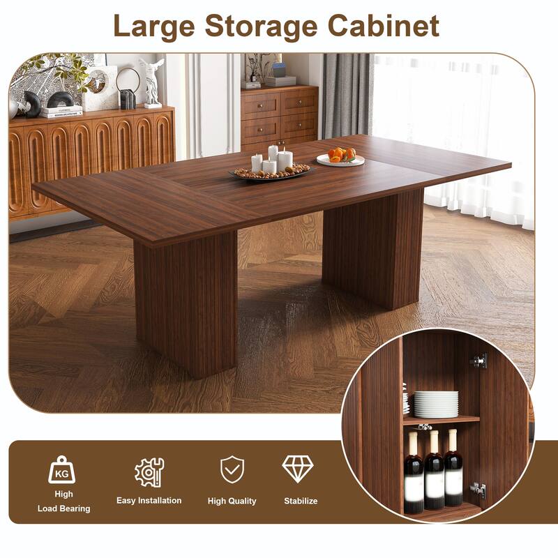 78 Inch Long Dining Table with Storage Base in Natural Wood Veneer, Rectangular MDF Farmhouse Table for 6 People - Walnut
