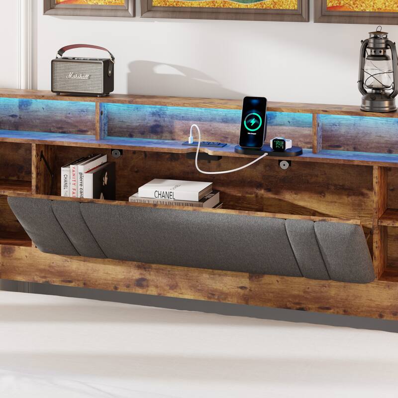 Queen Bed Frame Upholstered Platform Bed Frame with LED Lights, Charging Station and Storage Headboard