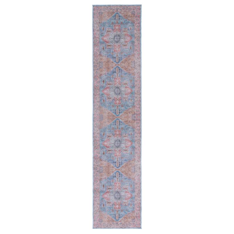 SAFAVIEH Serapi Machine Washable Yumika Medallion Mena Rug - 2' x 9' Runner - Blue/Rust