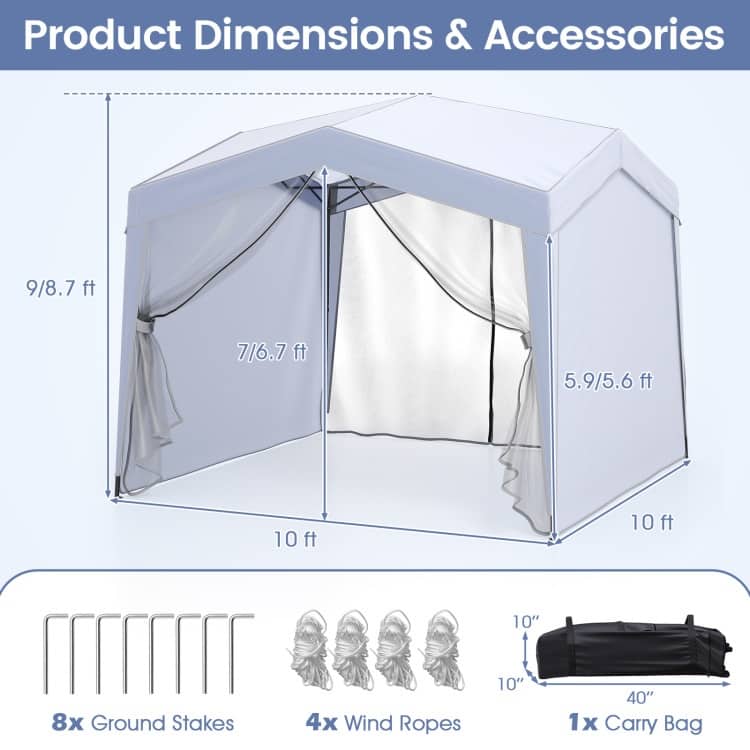 10x10 FT White Pop-Up Canopy Tent with Sidewalls & Mesh Netting - 120 x 120 x 104.4–108 inches (L x W x H)
