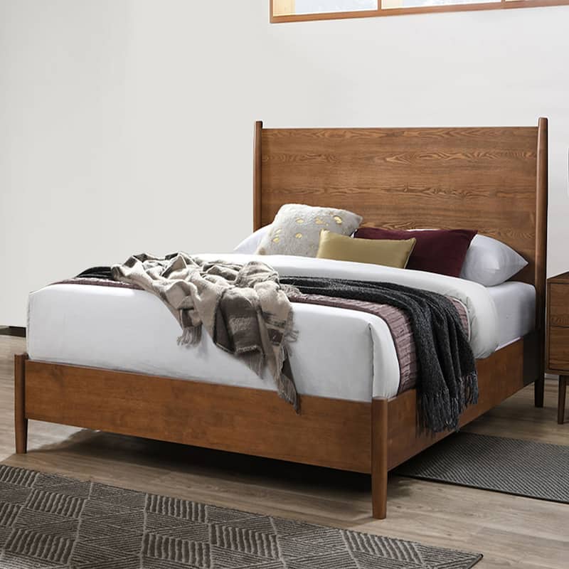 Wooden Full Size Bed with Round Tapered Legs in Walnut