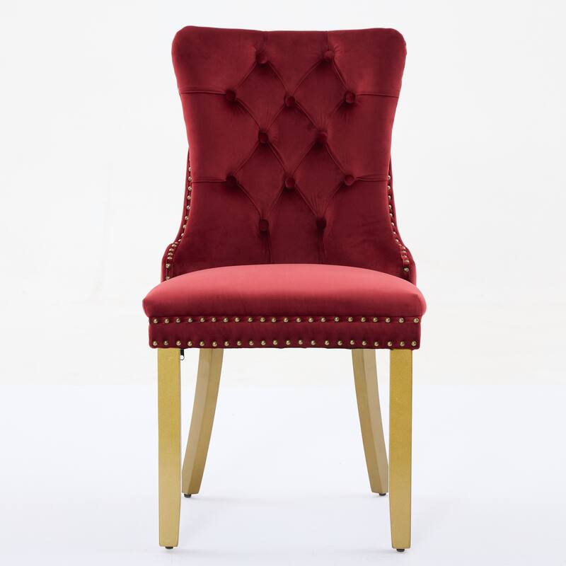Velvet Dining Chairs Set of 2, Tufted Dining Chairs with Nailhead Trim, Kitchen Chairs with Lion Head Pulls Ring & Wooden Legs - WINE RED