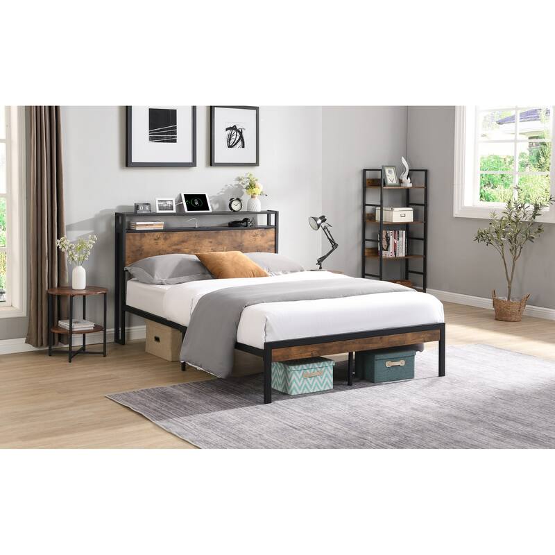 King Size Metal Platform Bed Frame with Wooden Headboard and Footboard, USB Charging, Under Bed Storage