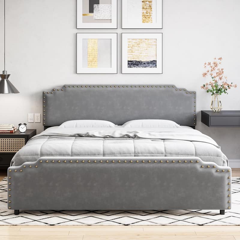 Velvet Upholstered Platform Bed Frame - Grey - Queen