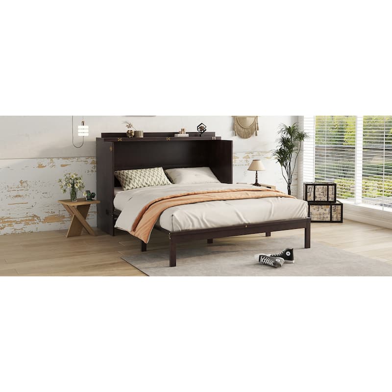 Roomfitters Queen Murphy Bed Cabinet, Pine Wood Fold-Down Bed with Power Station and Rattan Accent Panel