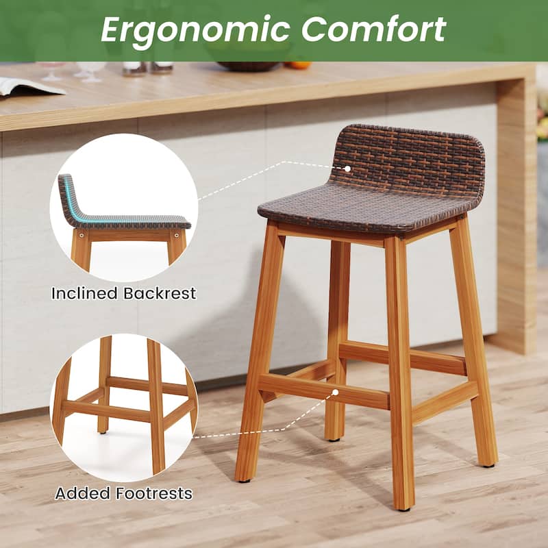 Gymax Solid Acacia Wood Bar Stools Set of 2 Rattan Bar Height Patio